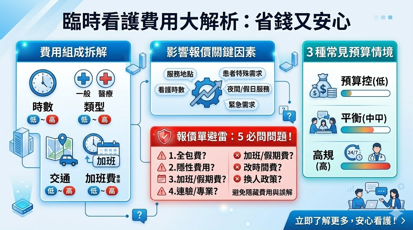 臨時看護服務提供專業的照護解決方案，適合需要短期或臨時照顧的個人。無論是病後恢復、長期疾病照護還是老年人陪伴，臨時看護都能根據您的需求提供靈活的服務。根據服務的類型和時數，臨時看護的費用會有所不同，因此了解費用組成和如何選擇合適的看護服務是非常重要的。確保選擇適合自己需求的臨時看護服務，不僅可以保障照護品質，還能讓您節省不必要的開支。