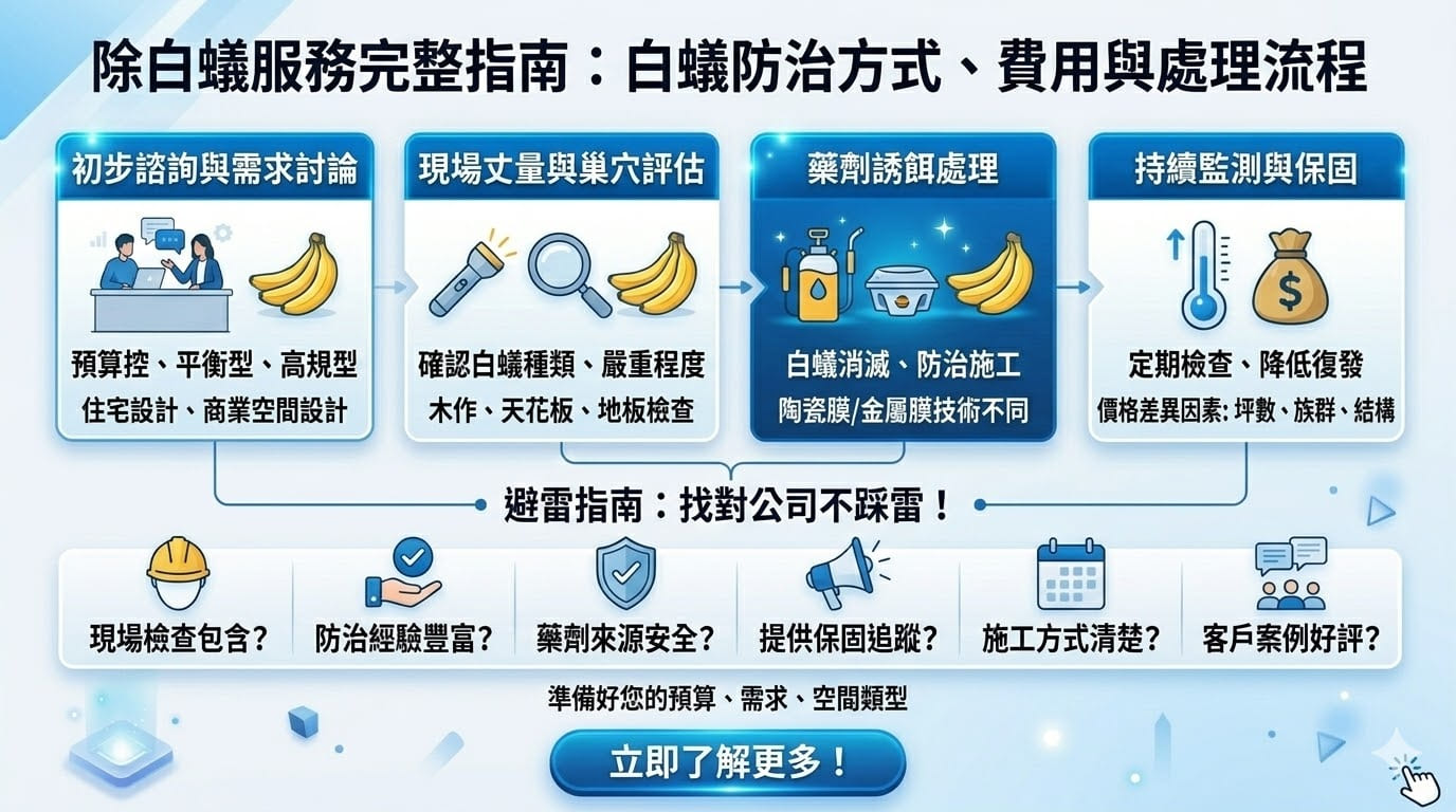 家中疑似出現木材中空或泥土管道等白蟻徵兆嗎?這份專業指南帶您全面了解除白蟻的核心流程,從現場檢查、精準定位巢穴到使用專用藥劑與誘餌系統,詳盡解析影響價格的關鍵因素。我們特別整理了 6 個挑選除白蟻公司的避雷重點與日常預防技巧,幫助您保護木作結構、避免家具受損。無論是住宅還是商業空間,透過專業防治與定期監測,能有效消滅族群並降低復發風險,讓您的居家環境重拾安心與穩固。